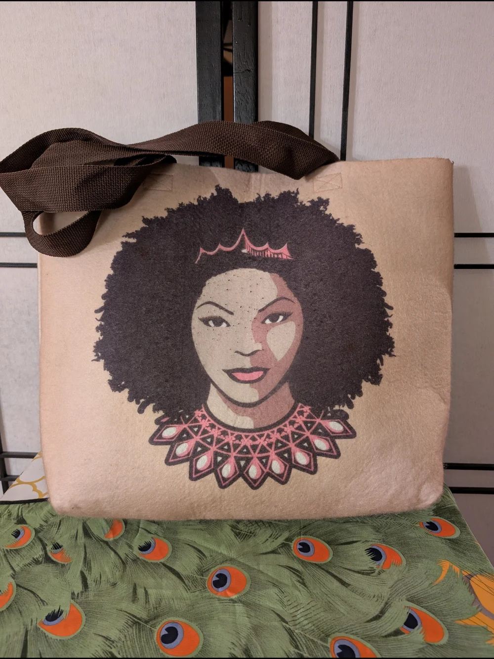 Felt Graphic Tote Bag | Natural & Brown | Large Everyday Shopper  Afro Art Print